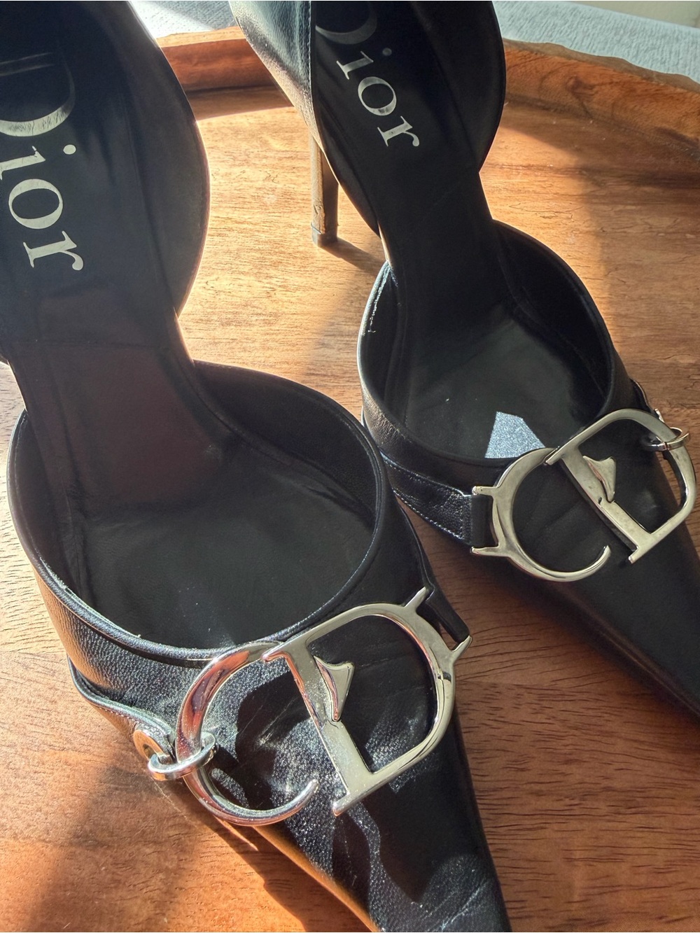 Vintage Dior Black Leather Pointed-Toe Pumps with Silver CD Buckle - Picture 3 of 4